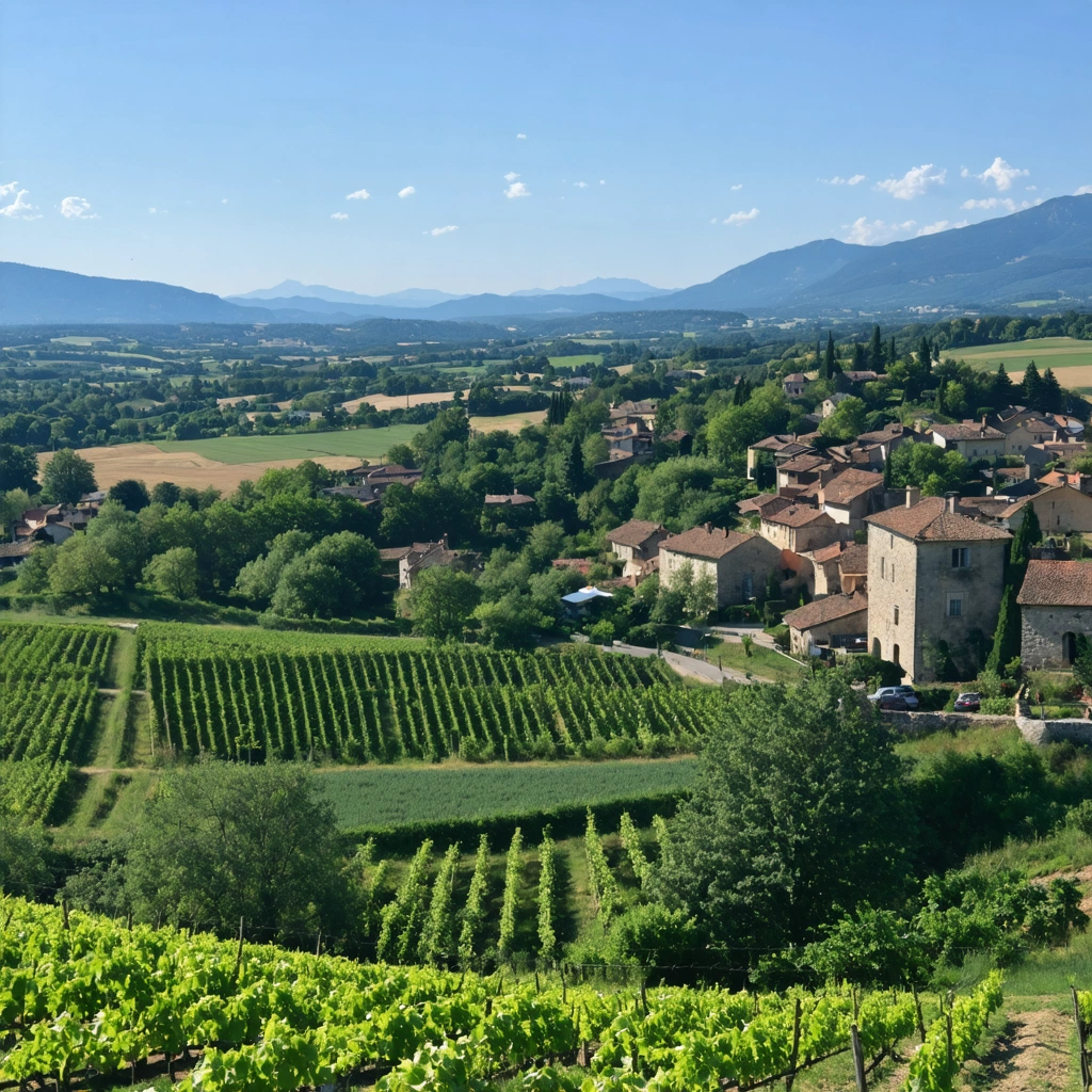 Vue panoramique d’un village rural perché sur des collines, entouré de forêts, pâturages, vignes et vergers avec la vallée du Doux en contrebas et les Alpes visibles à l’horizon sous un ciel dégagé.
